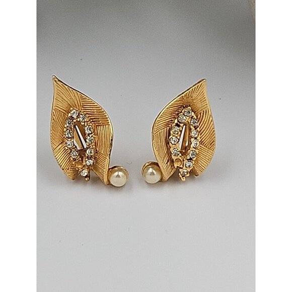 Vintage Clip On Satin Gold Leaf Shaped Earrings‎ with Rhinestones - Picture 3 of 3